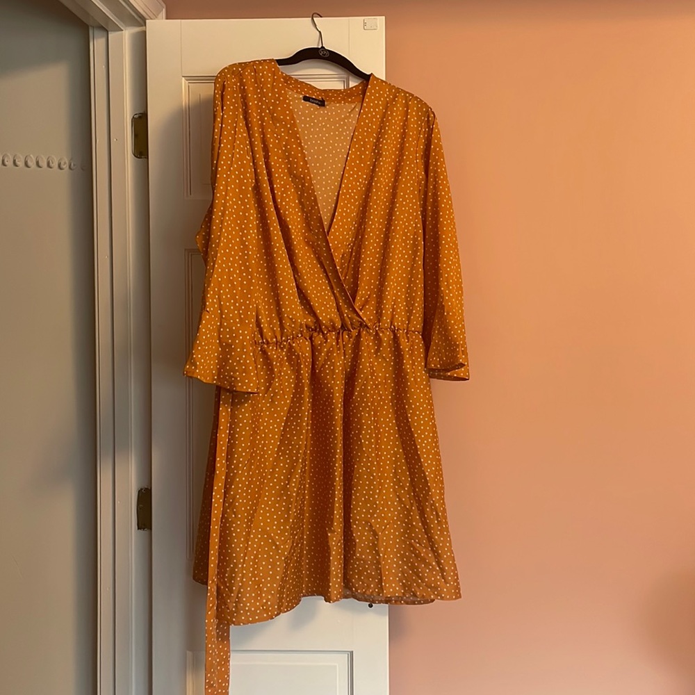 Boohoo Orange dress with white polka dots and tie